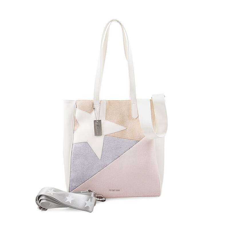 Vintage Haven White & Beige Star Pattern Tote with 2 Interchangeable Straps
