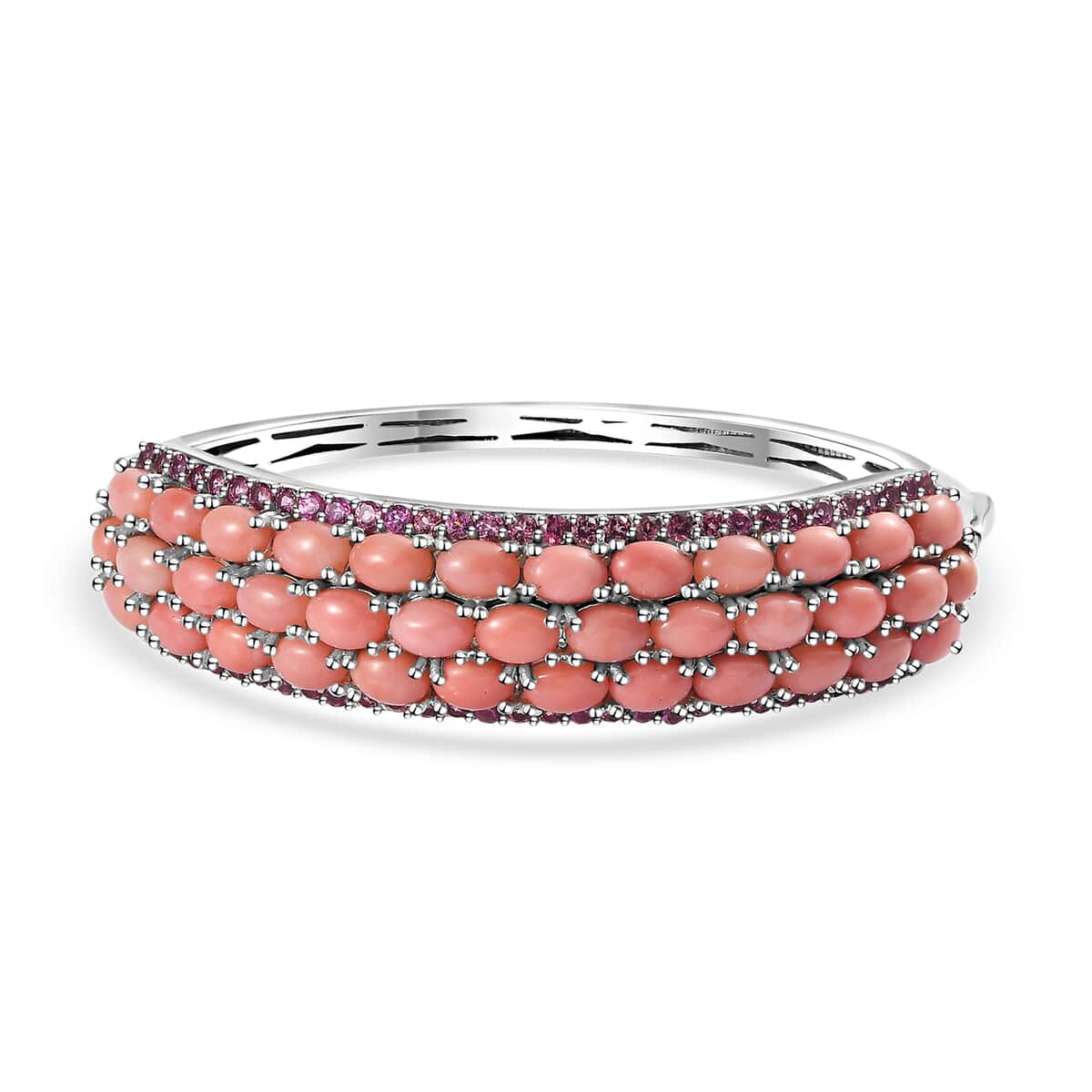 Premium Oregon Peach Opal and Orissa Rhodolite Garnet Bangle Bracelet in Platinum Over Sterling Silver (6.50 In) 16.90 ctw image number 0