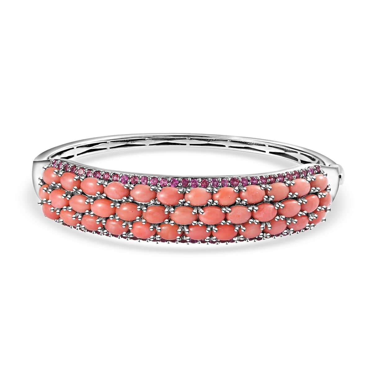 Premium Oregon Peach Opal and Orissa Rhodolite Garnet Bangle Bracelet in Platinum Over Sterling Silver (7.25 In) 16.90 ctw image number 0