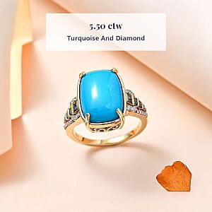 Luxoro 10K Yellow Gold Premium Sleeping Beauty Turquoise, G-H I2 Blue and White Diamond Ring (Size 10.0) 4.25 Grams 5.50 ctw