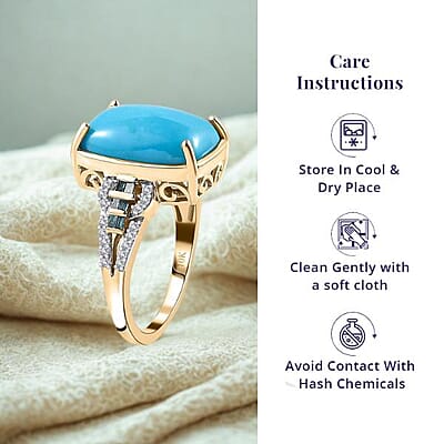 Luxoro 10K Yellow Gold Premium Sleeping Beauty Turquoise, G-H I2 Blue and White Diamond Ring (Size 10.0) 4.25 Grams 5.50 ctw