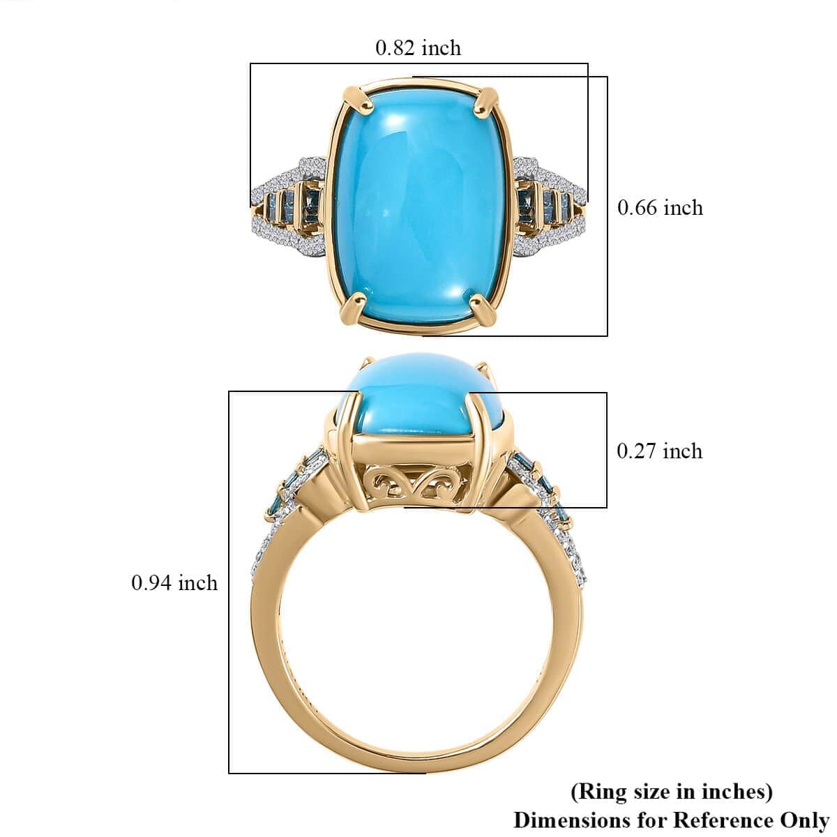 Luxoro 10K Yellow Gold Premium Sleeping Beauty Turquoise, G-H I2 Blue and White Diamond Ring (Size 10.0) 4.25 Grams 5.50 ctw image number 5