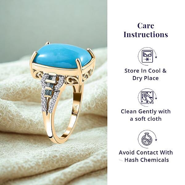 Luxoro 10K Yellow Gold Premium Sleeping Beauty Turquoise, G-H I2 Blue and White Diamond Ring (Size 6.0) 4.25 Grams 5.50 ctw