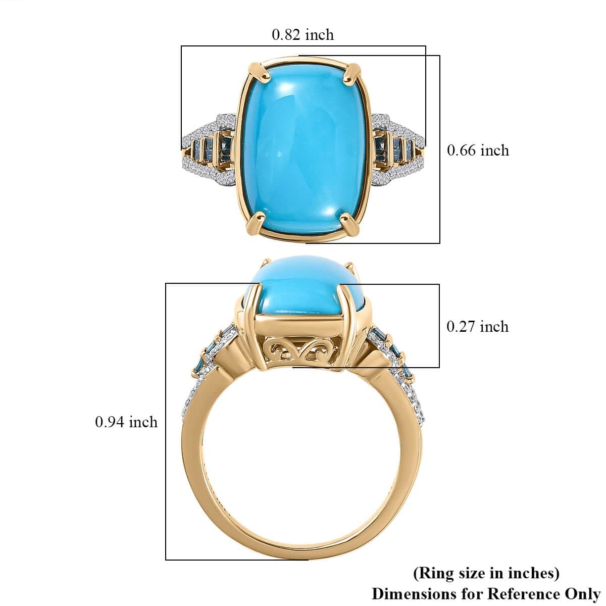 Luxoro 10K Yellow Gold Premium Sleeping Beauty Turquoise, G-H I2 Blue and White Diamond Ring (Size 6.0) 4.25 Grams 5.50 ctw image number 5