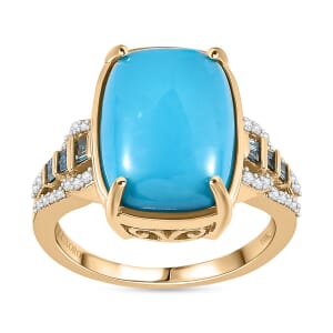 Luxoro 10K Yellow Gold Premium Sleeping Beauty Turquoise, G-H I2 Blue and White Diamond Ring (Size 7.0) 4.25 Grams 5.50 ctw