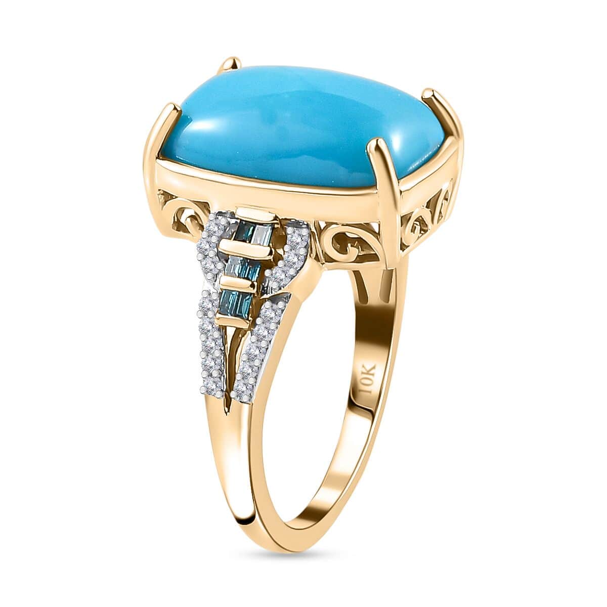 Luxoro 10K Yellow Gold Premium Sleeping Beauty Turquoise, G-H I2 Blue and White Diamond Ring (Size 7.0) 4.25 Grams 5.50 ctw image number 3