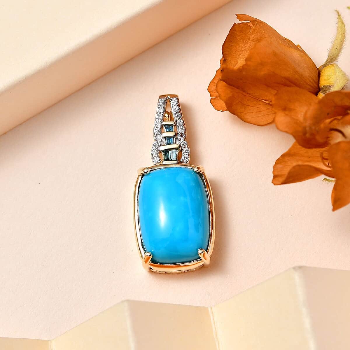 Luxoro 10K Yellow Gold Premium Sleeping Beauty Turquoise and Blue Diamond, Diamond G-H I2 Pendant 5.35 ctw image number 1