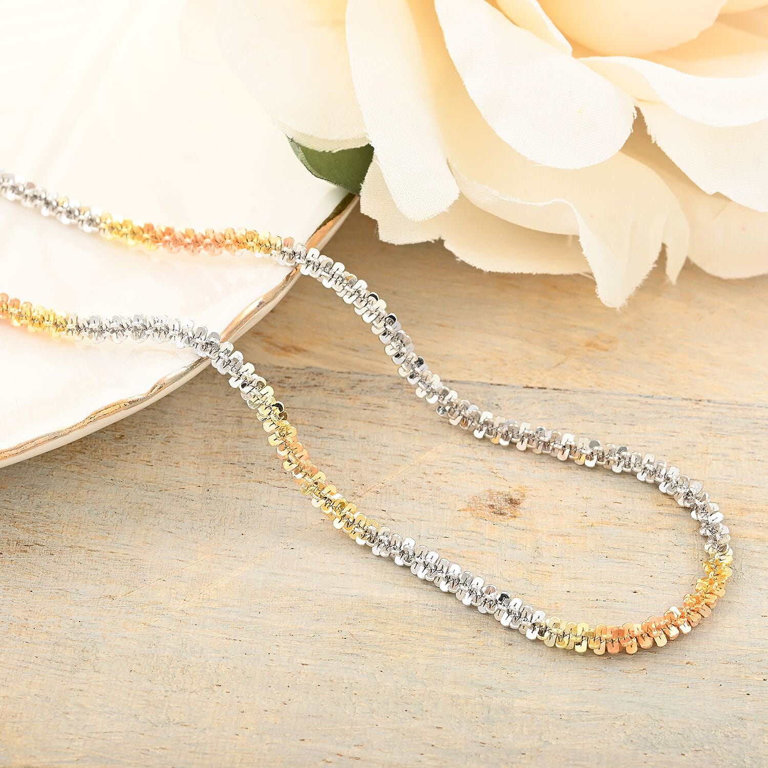 Italian 14K Yellow, Rose Gold Over and Sterling Silver Sparkle Margarita Chain Necklace 20-22 Inches 11.25 Grams