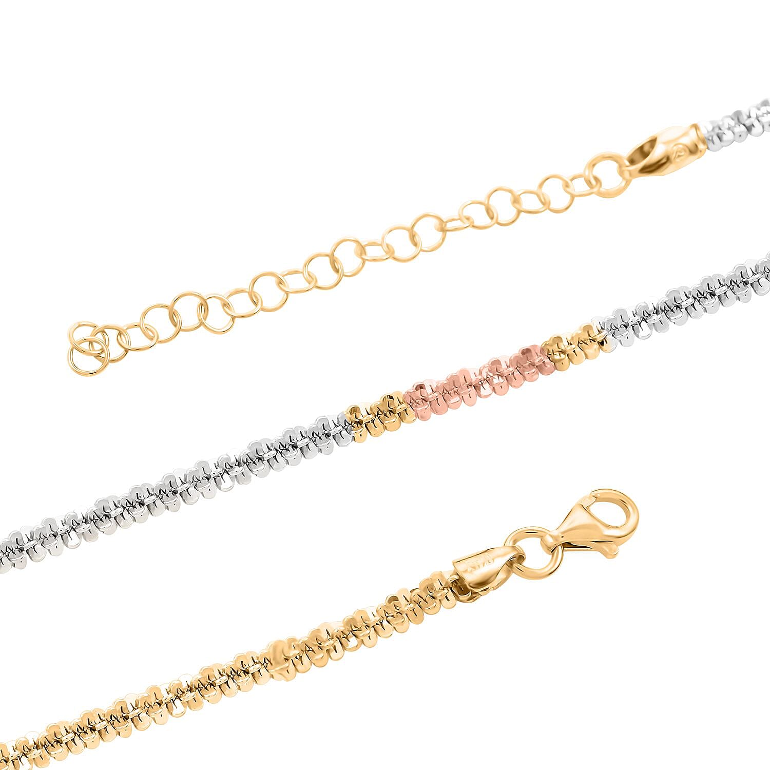 Italian 14K Yellow, Rose Gold Over and Sterling Silver Sparkle Margarita Chain Necklace 20-22 Inches 11.25 Grams