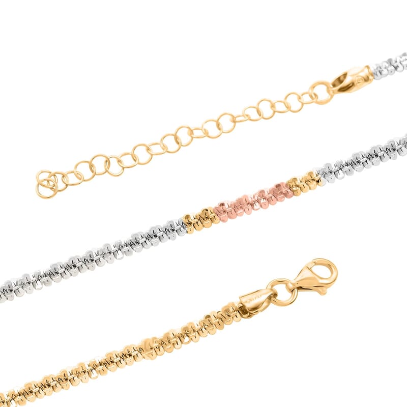 Italian 14K Yellow, Rose Gold Over and Sterling Silver Sparkle Margarita Chain Necklace 20-22 Inches 11.25 Grams