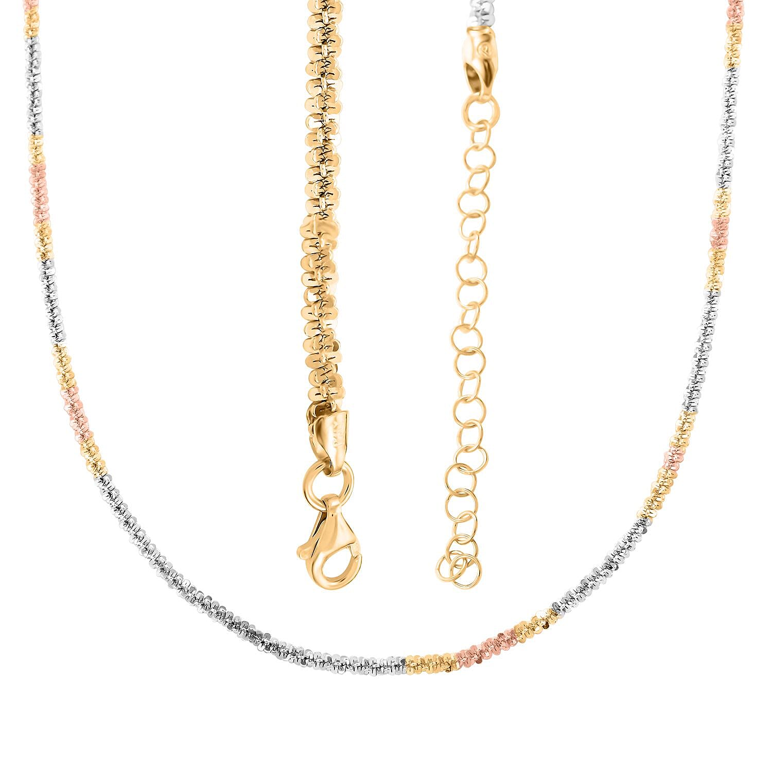 Italian 14K Yellow, Rose Gold Over and Sterling Silver Sparkle Margarita Chain Necklace 20-22 Inches 11.25 Grams