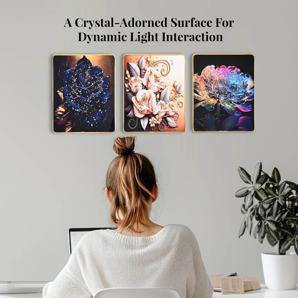 Set of 3 Flower Crystal Painting with PC Frame image number 1