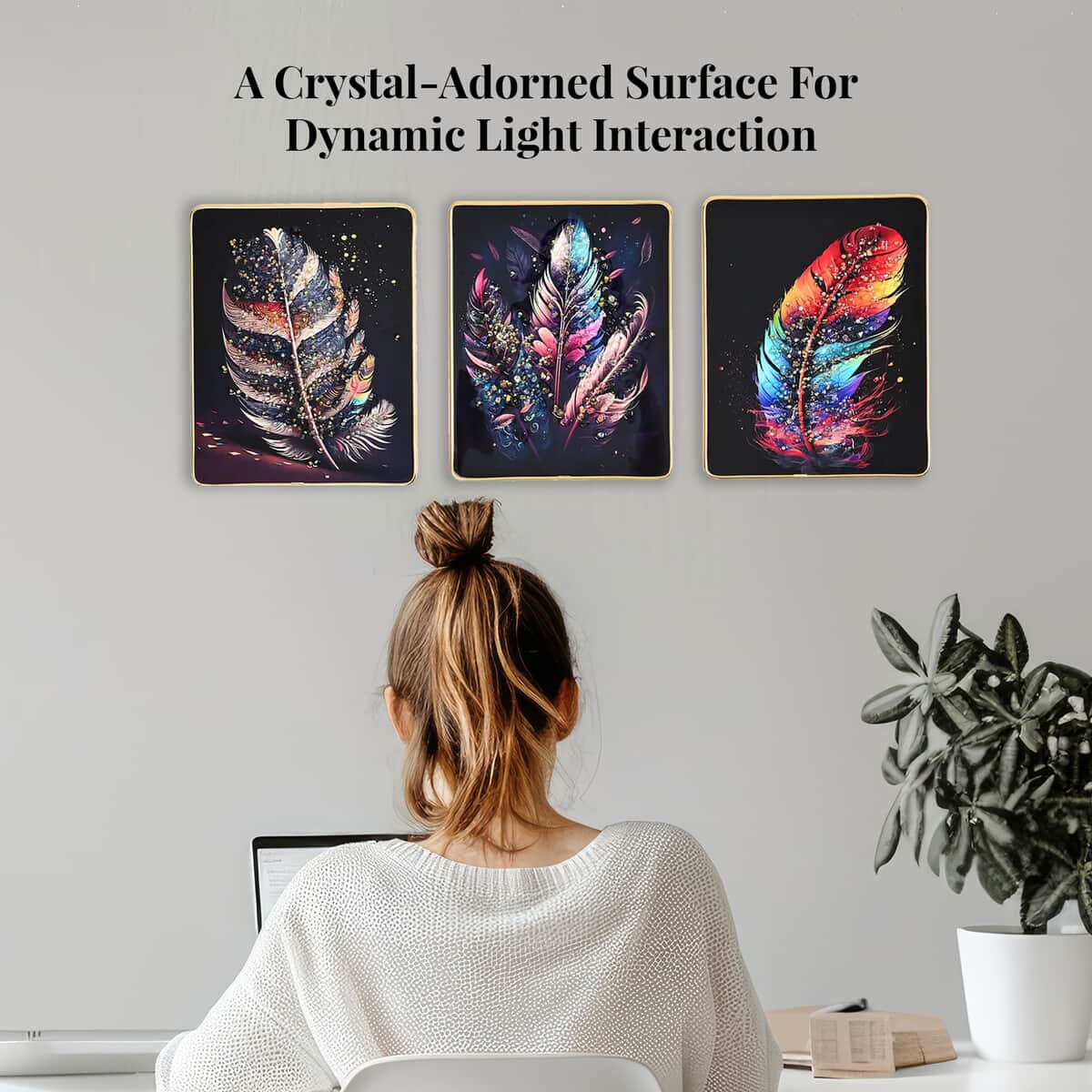 Set of 3 Feather Crystal Painting with PC Frame image number 1