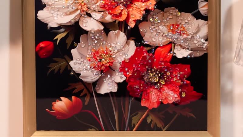 White and Red Flower Crystal Painting With Frame (15.75"x11.81")