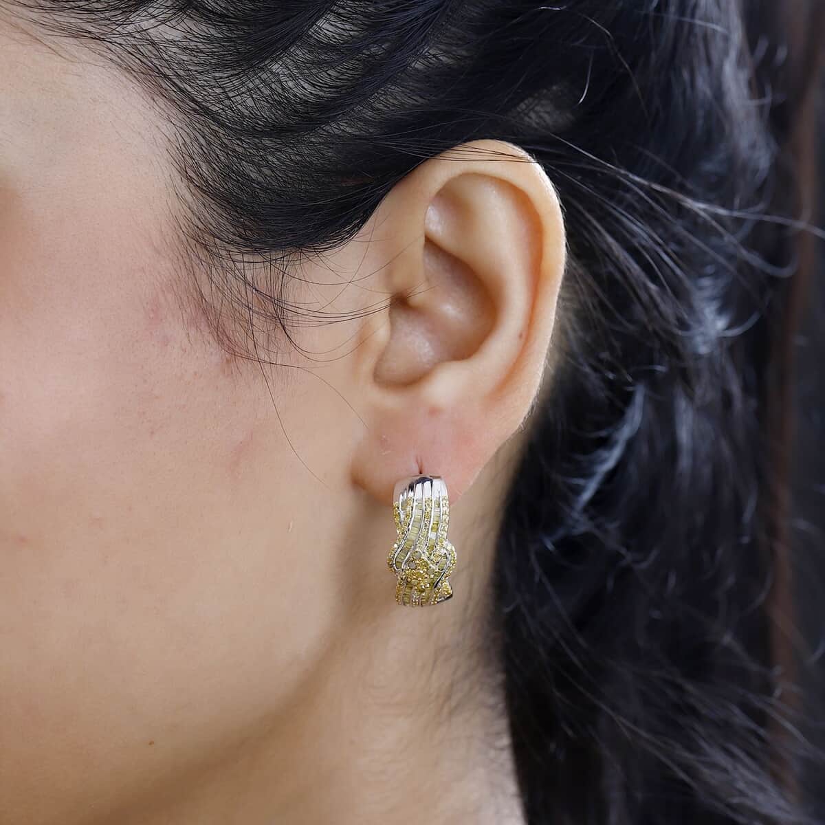 Yellow Diamond Hoop Earrings in Platinum Over Sterling Silver 1.00 ctw image number 2