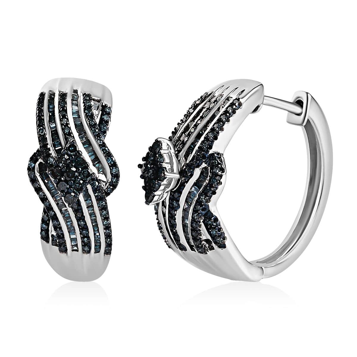 Blue Diamond Hoop Earrings in Platinum Over Sterling Silver 1.00 ctw image number 0