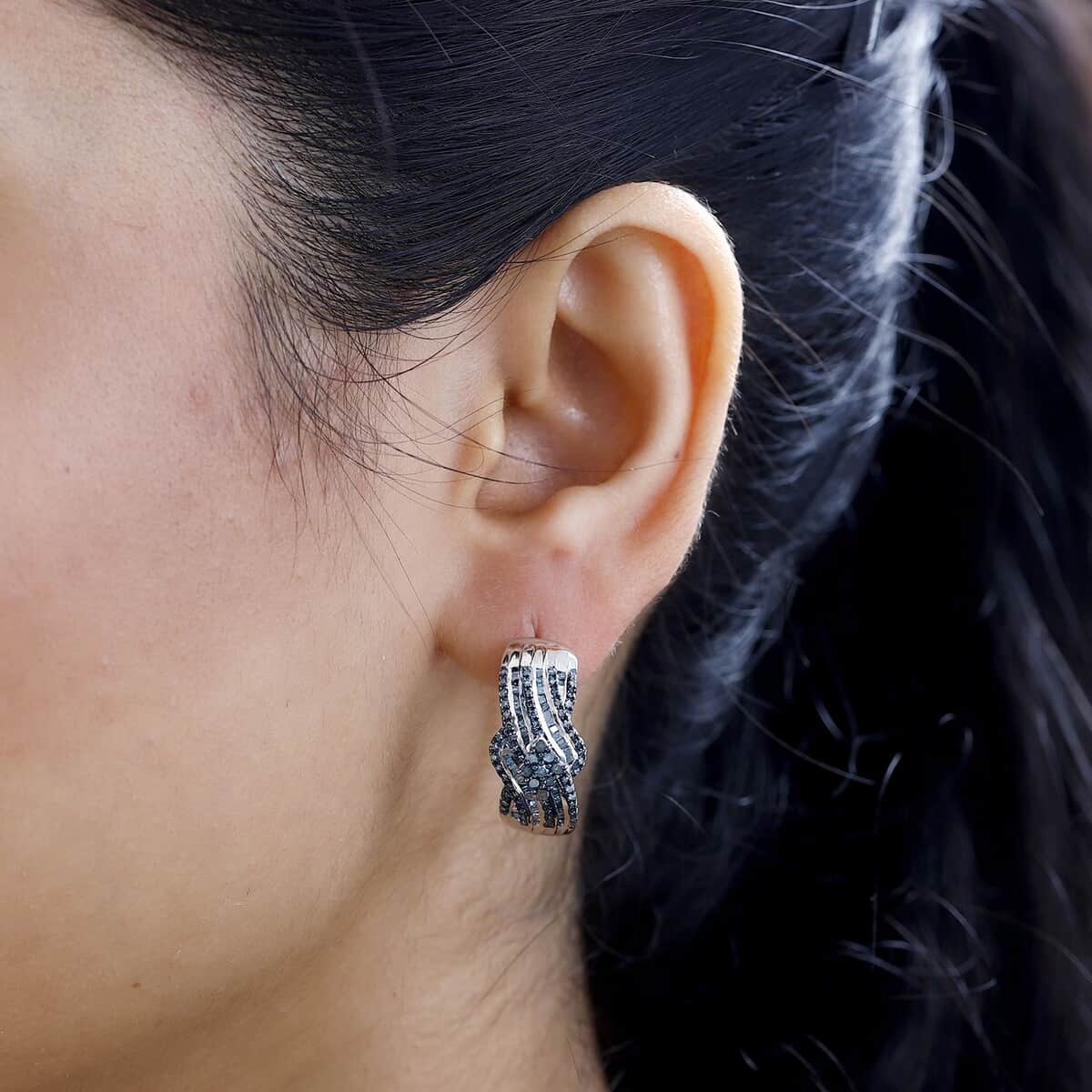 Blue Diamond Hoop Earrings in Platinum Over Sterling Silver 1.00 ctw image number 2