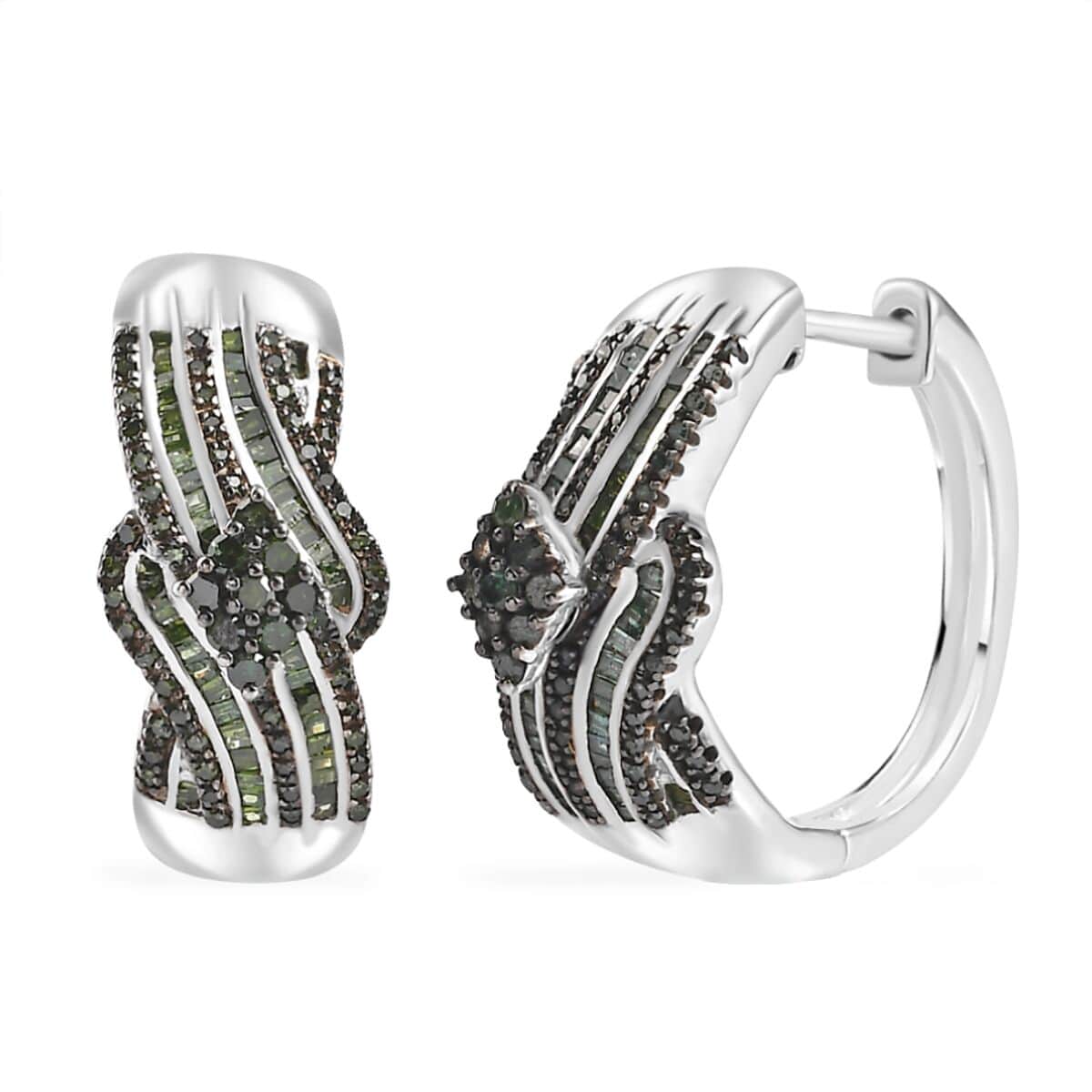 Green Diamond Hoop Earrings in Platinum Over Sterling Silver 1.00 ctw image number 0