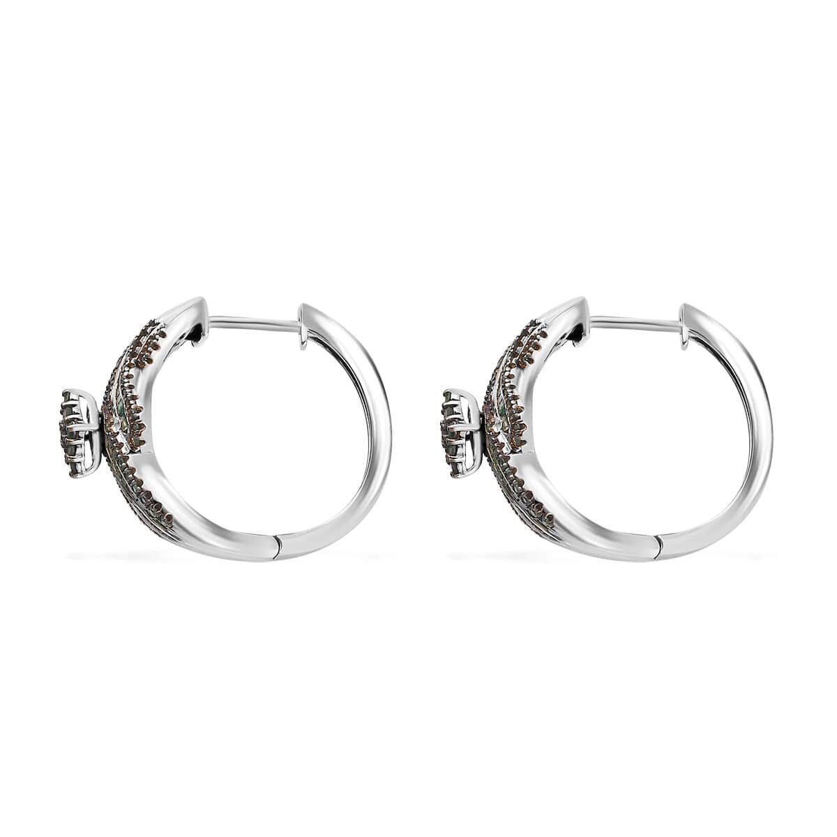 Green Diamond Hoop Earrings in Platinum Over Sterling Silver 1.00 ctw image number 3