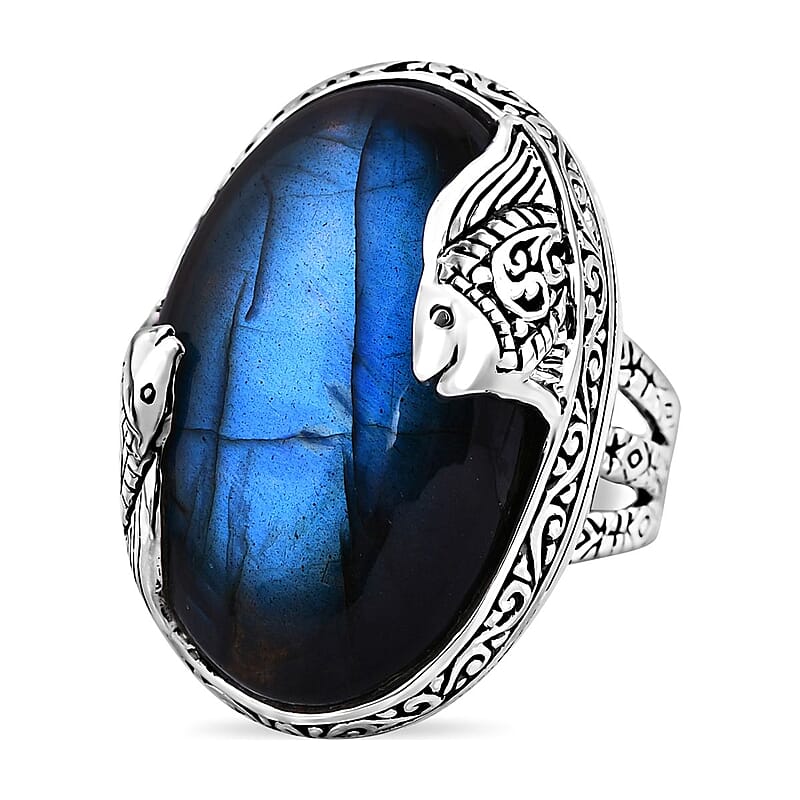 Bali Legacy Malagasy Labradorite Fish Ring in Sterling Silver (Size 10.0) 35.00 ctw
