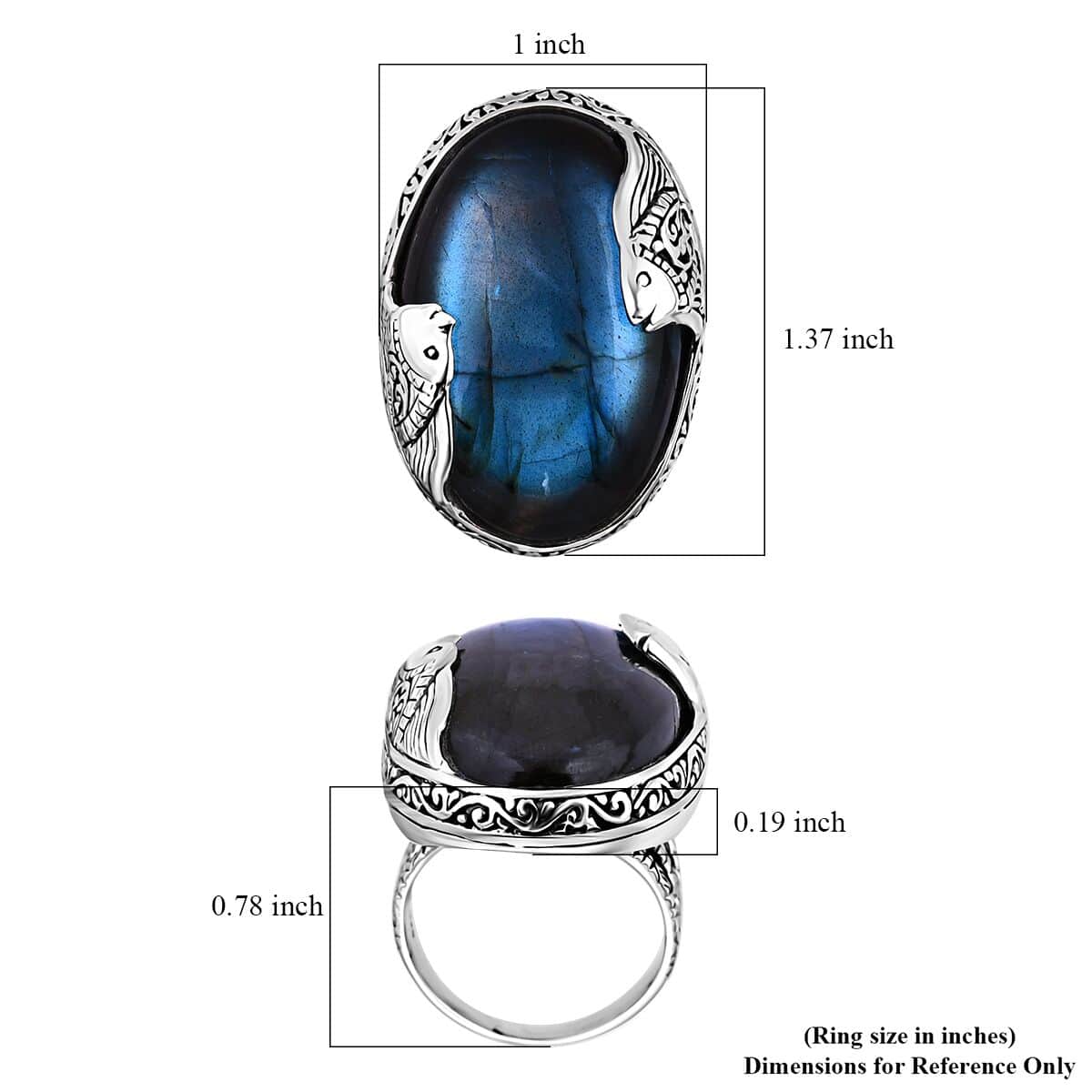 Bali Legacy Malagasy Labradorite Fish Ring in Sterling Silver (Size 5.0) 35.00 ctw image number 5