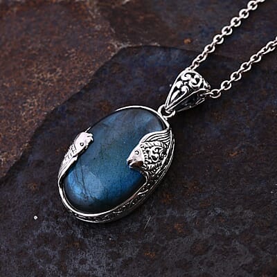 Bali Legacy Malagasy Labradorite Fish Pendant in Sterling Silver 35.00 ctw