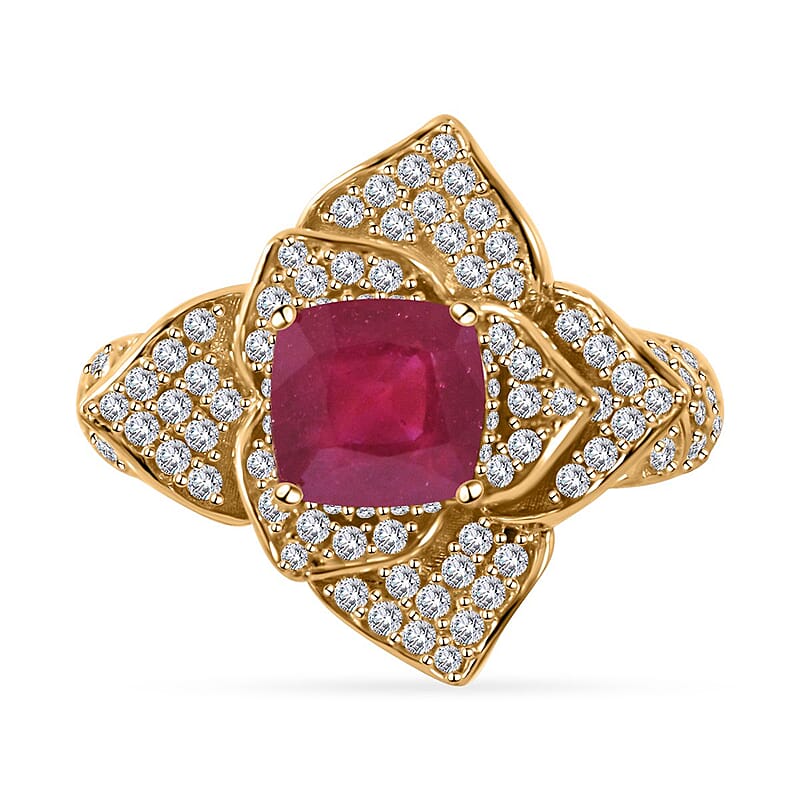 Niassa Ruby (FF) and White Zircon Floral Ring in Vermeil Yellow Gold Over Sterling Silver (Size 6.0) 4.00 ctw