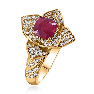 Niassa Ruby (FF) and White Zircon Floral Ring in Vermeil Yellow Gold Over Sterling Silver (Size 6.0) 4.00 ctw