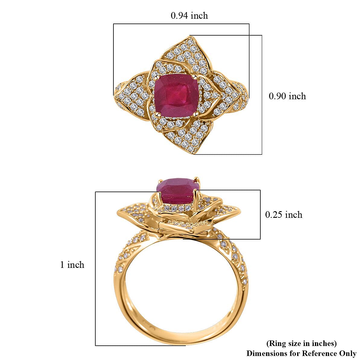 Niassa Ruby (FF) and White Zircon Floral Ring in Vermeil Yellow Gold Over Sterling Silver (Size 6.0) 4.00 ctw