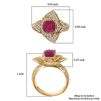 Niassa Ruby (FF) and White Zircon Floral Ring in Vermeil Yellow Gold Over Sterling Silver (Size 6.0) 4.00 ctw