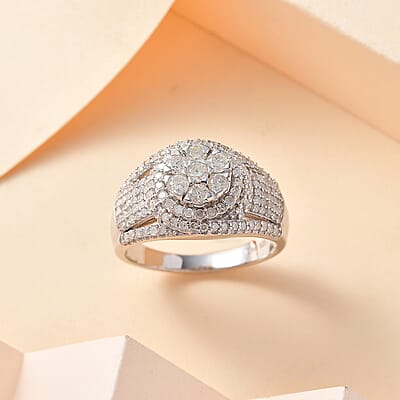 Diamond Cocktail Ring in Platinum Over Sterling Silver (Size 10.0) 1.00 ctw