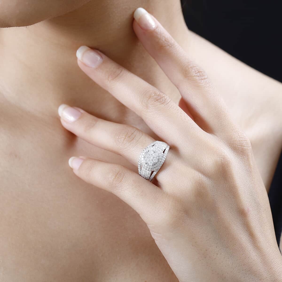 Diamond Cocktail Ring in Platinum Over Sterling Silver (Size 10.0) 1.00 ctw image number 2
