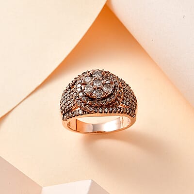 Natural Champagne Diamond Cocktail Ring in Vermeil Rose Gold Over Sterling Silver (Size 10.0) 1.00 ctw