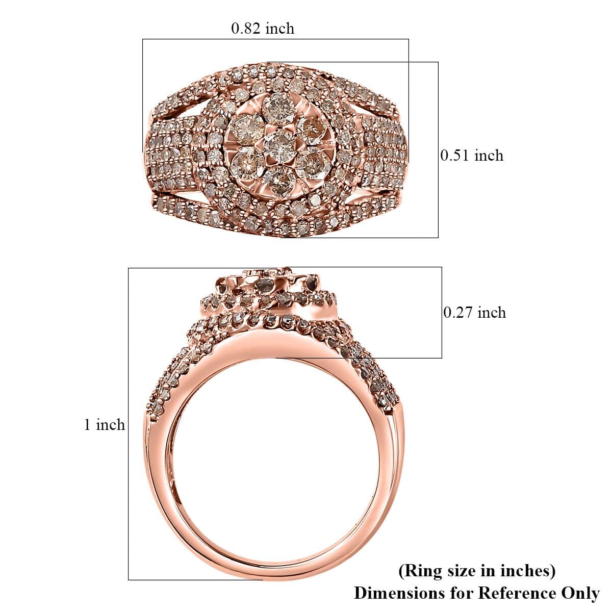 Natural Champagne Diamond Cocktail Ring in Vermeil Rose Gold Over Sterling Silver (Size 10.0) 1.00 ctw image number 5