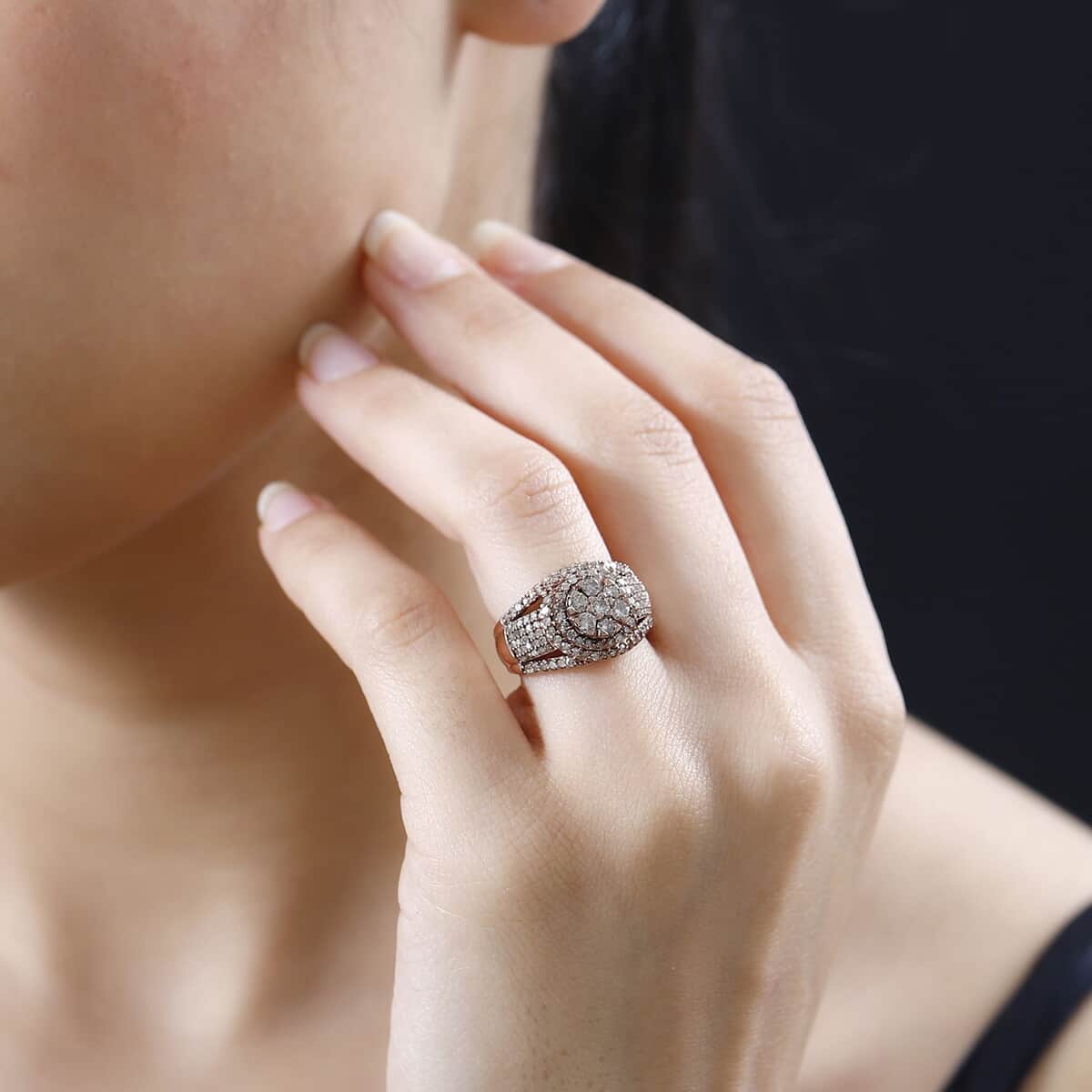 Natural Champagne Diamond Cocktail Ring in Vermeil Rose Gold Over Sterling Silver (Size 9.0) 1.00 ctw image number 2