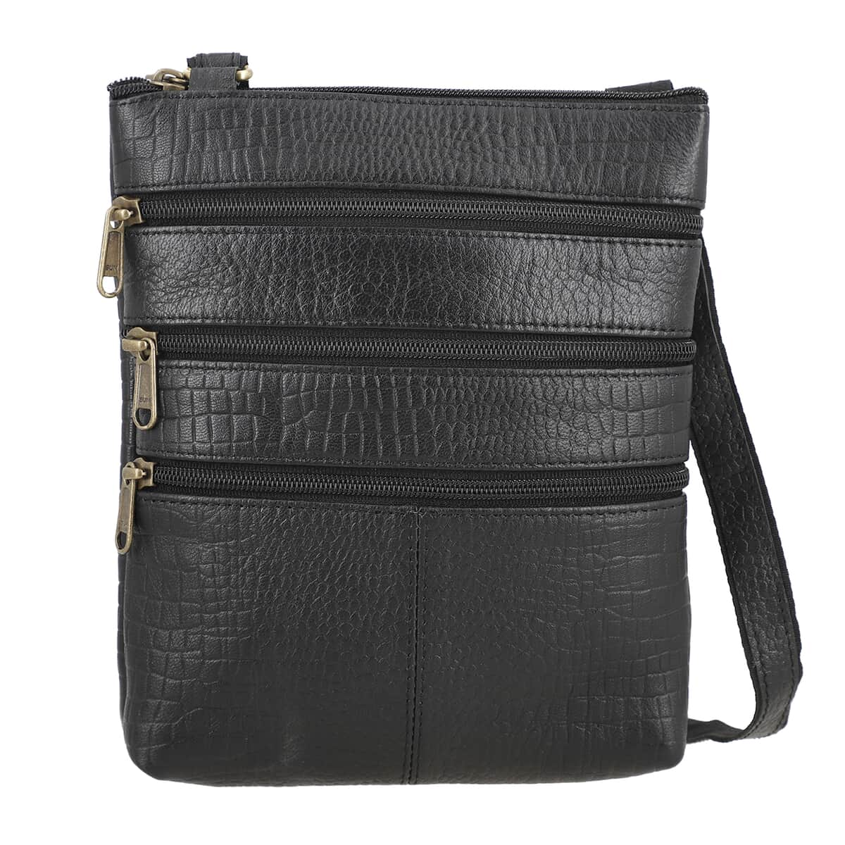 100% Genuine Leather croco embossed Crossbody Bag;  Color: Black; Size:8.5L X 9.5 H INCH image number 0