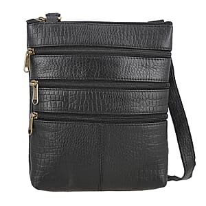 Black Genuine Leather Croco Embossed Crossbody Bag