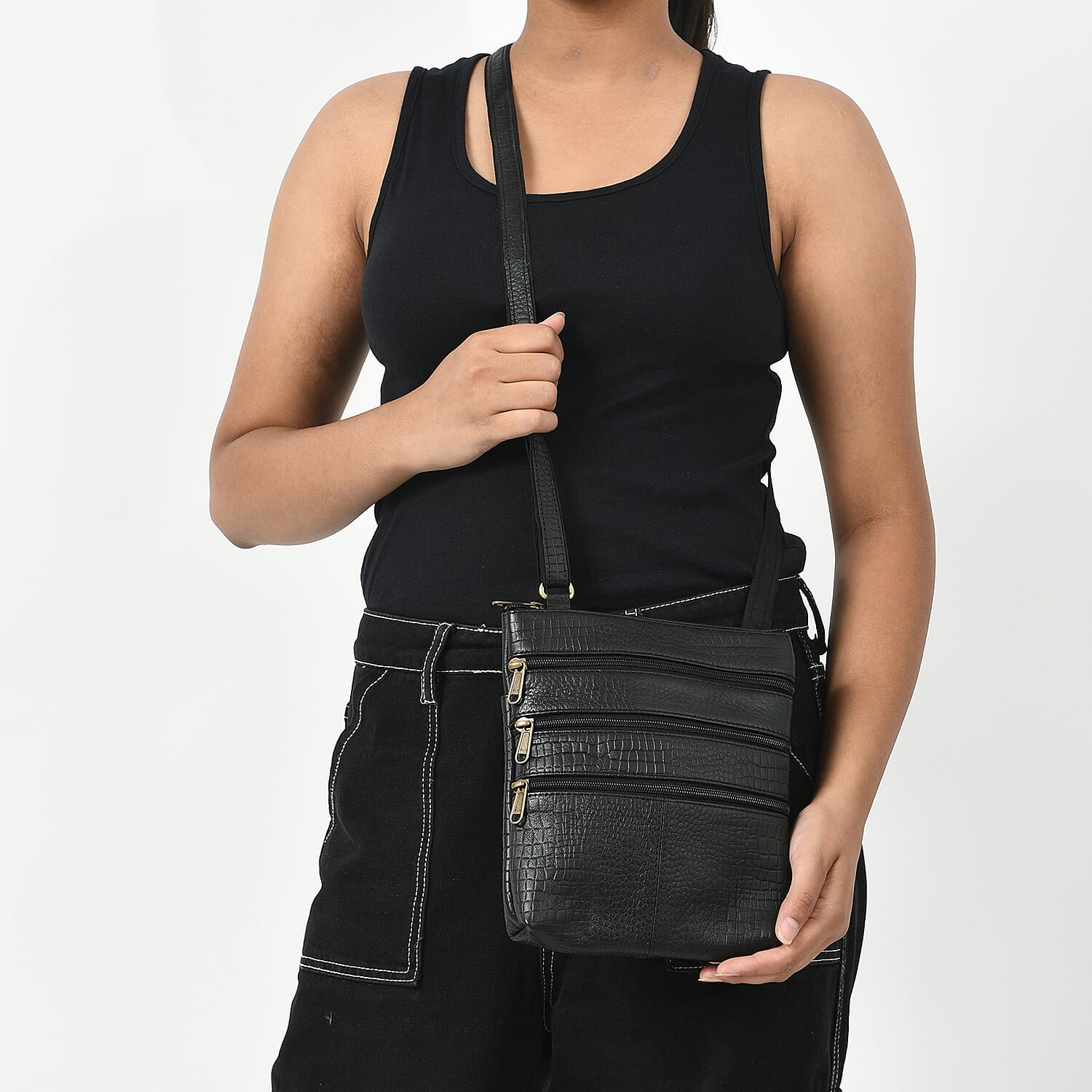 Black Genuine Leather Croco Embossed Crossbody Bag