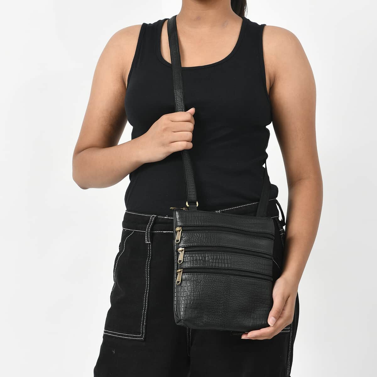 100% Genuine Leather croco embossed Crossbody Bag;  Color: Black; Size:8.5L X 9.5 H INCH image number 1