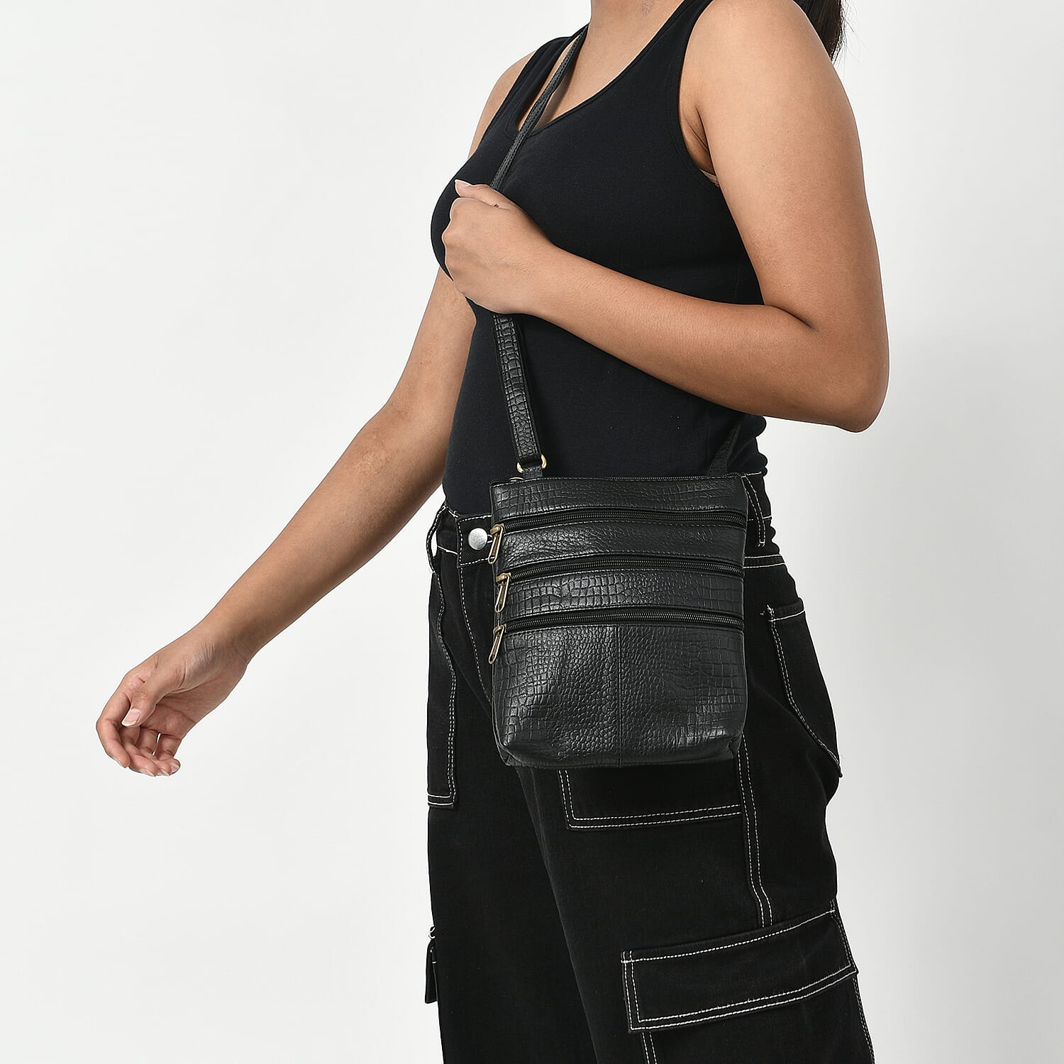 Black Genuine Leather Croco Embossed Crossbody Bag