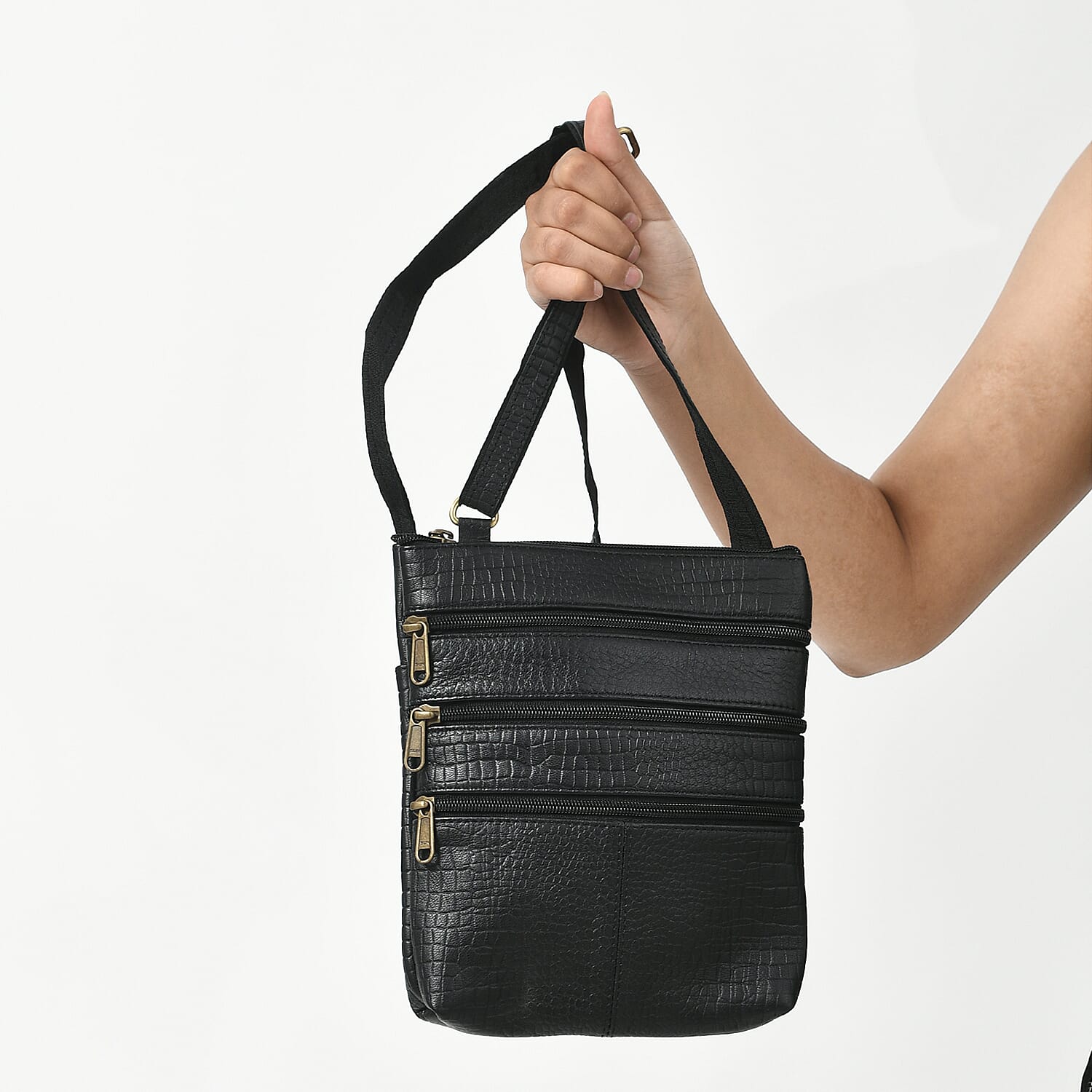 Black Genuine Leather Croco Embossed Crossbody Bag