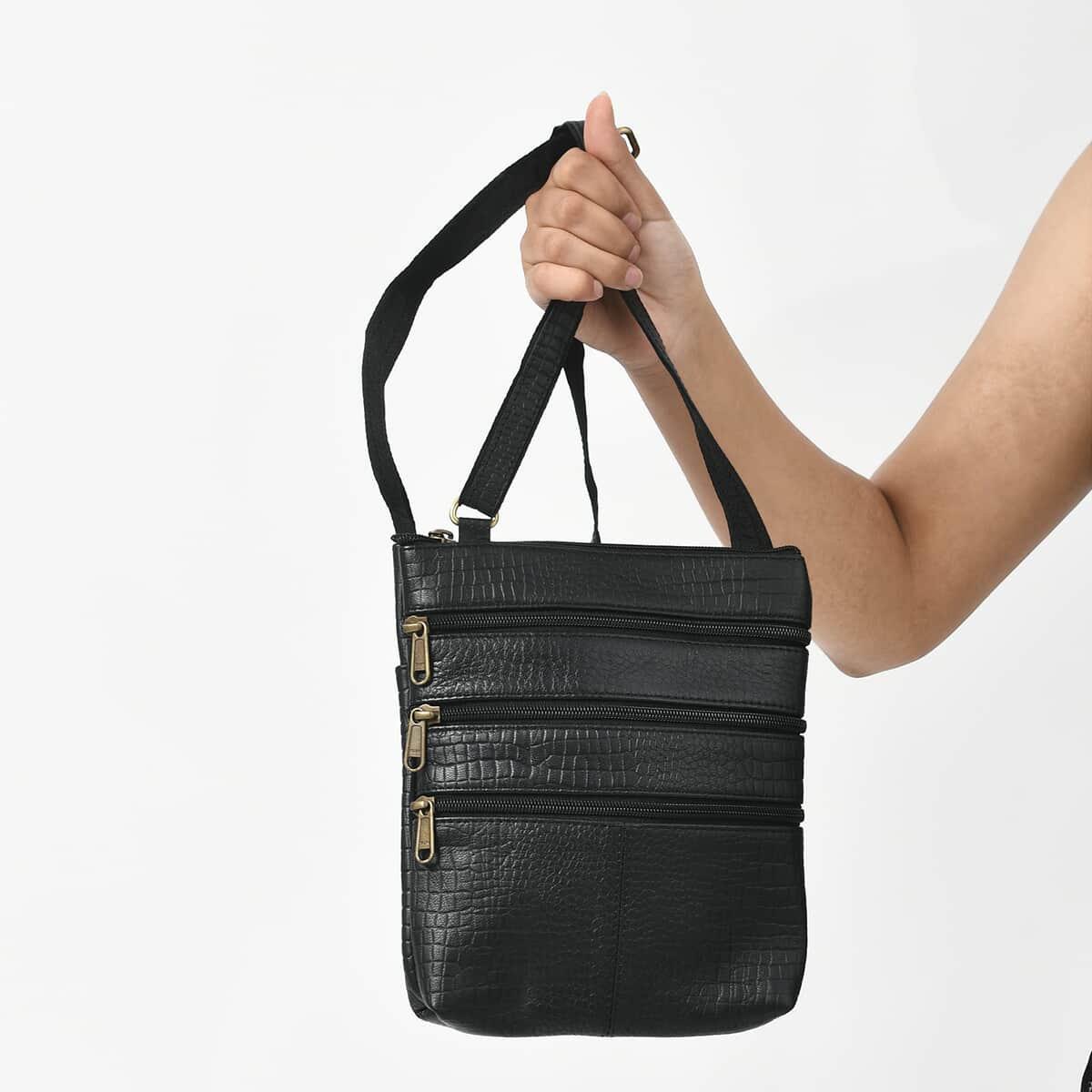 100% Genuine Leather croco embossed Crossbody Bag;  Color: Black; Size:8.5L X 9.5 H INCH image number 3