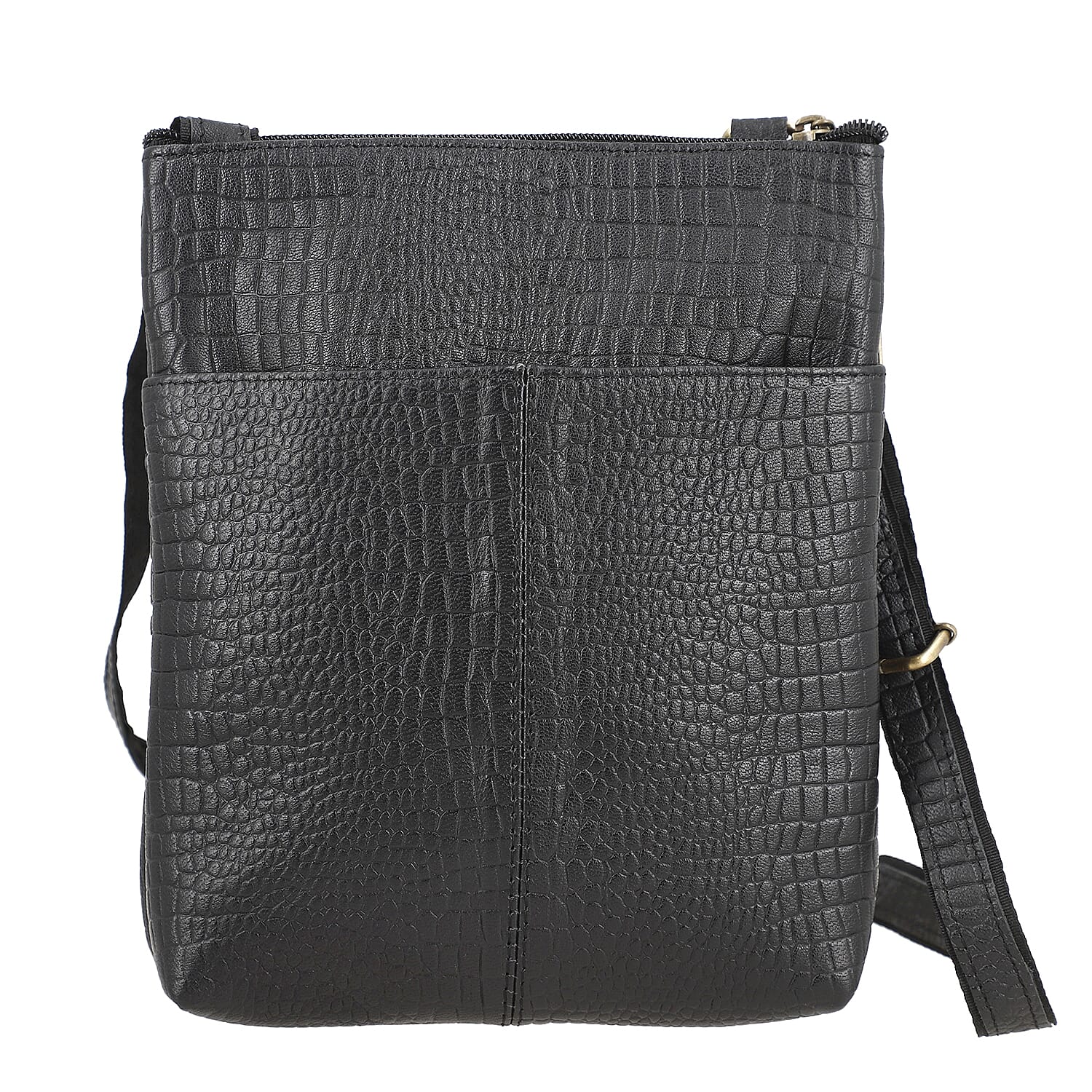 Black Genuine Leather Croco Embossed Crossbody Bag