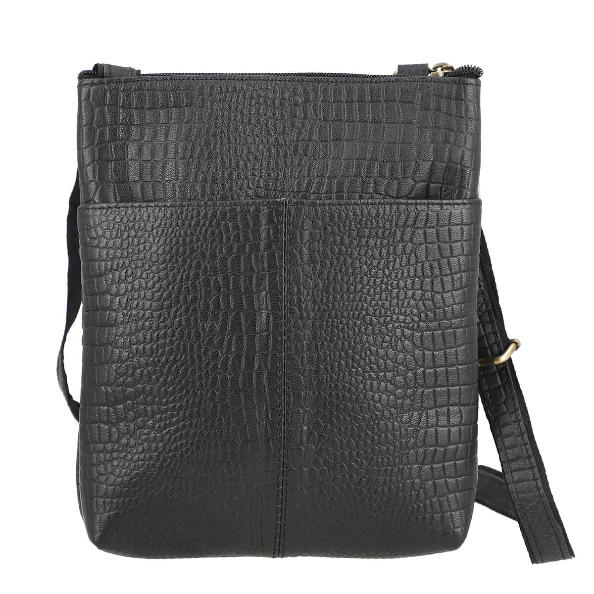 100% Genuine Leather croco embossed Crossbody Bag;  Color: Black; Size:8.5L X 9.5 H INCH image number 4