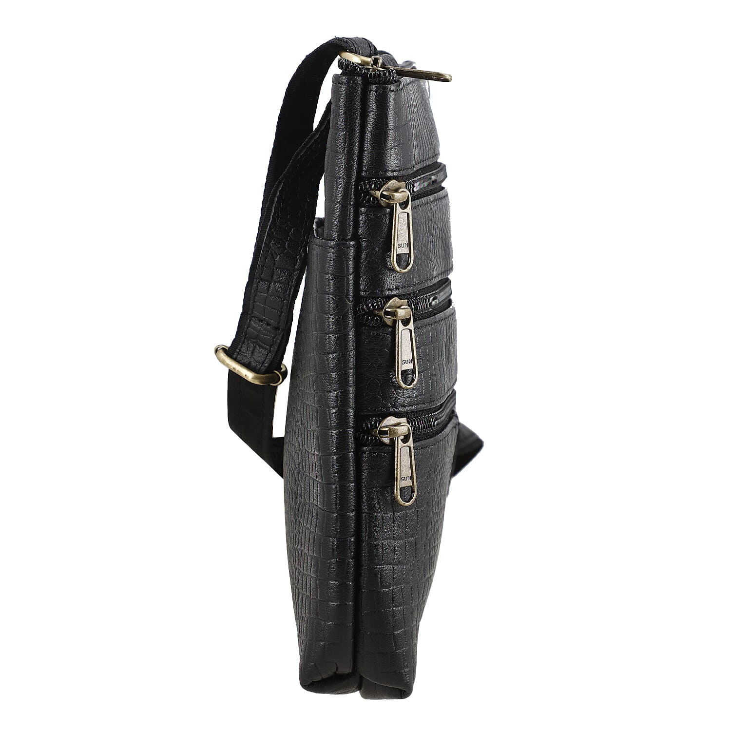 Black Genuine Leather Croco Embossed Crossbody Bag