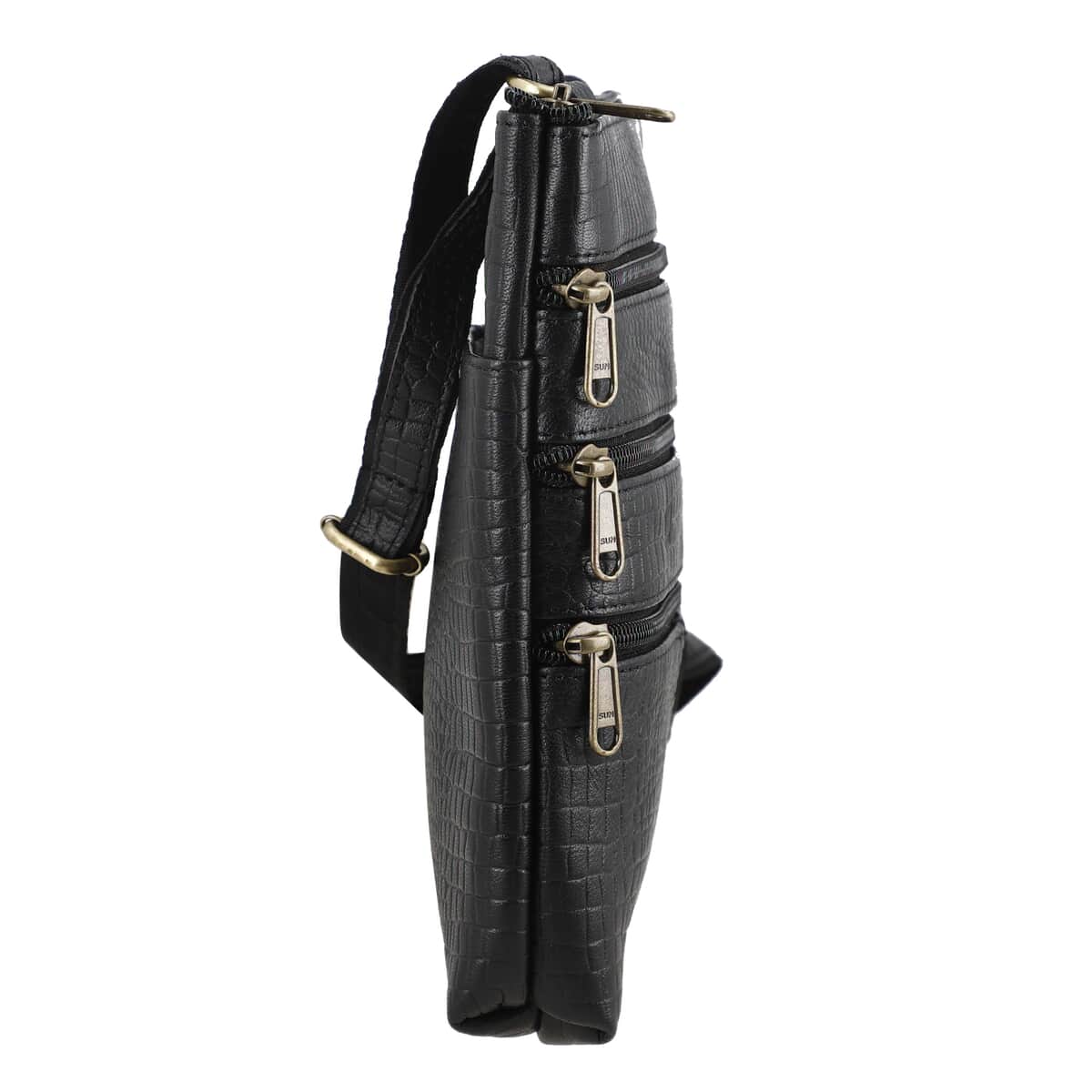 100% Genuine Leather croco embossed Crossbody Bag;  Color: Black; Size:8.5L X 9.5 H INCH image number 5