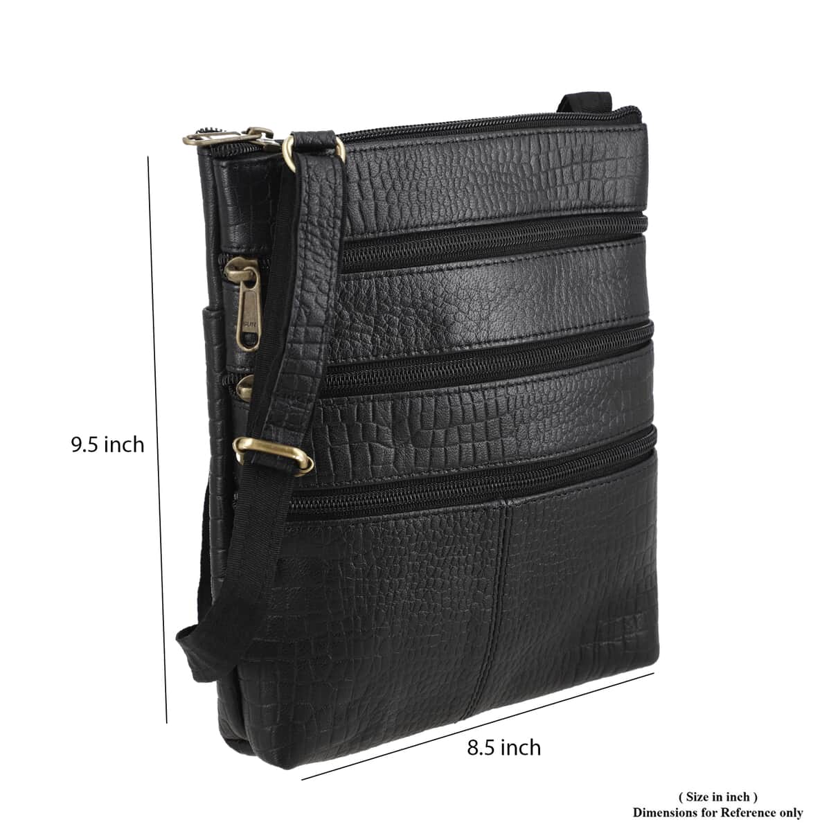 100% Genuine Leather croco embossed Crossbody Bag;  Color: Black; Size:8.5L X 9.5 H INCH image number 8