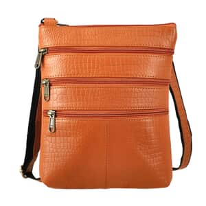 Orange Genuine Leather Croco Embossed Crossbody Bag