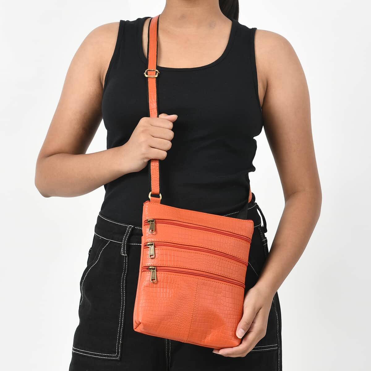 Orange Genuine Leather Croco Embossed Crossbody Bag image number 1