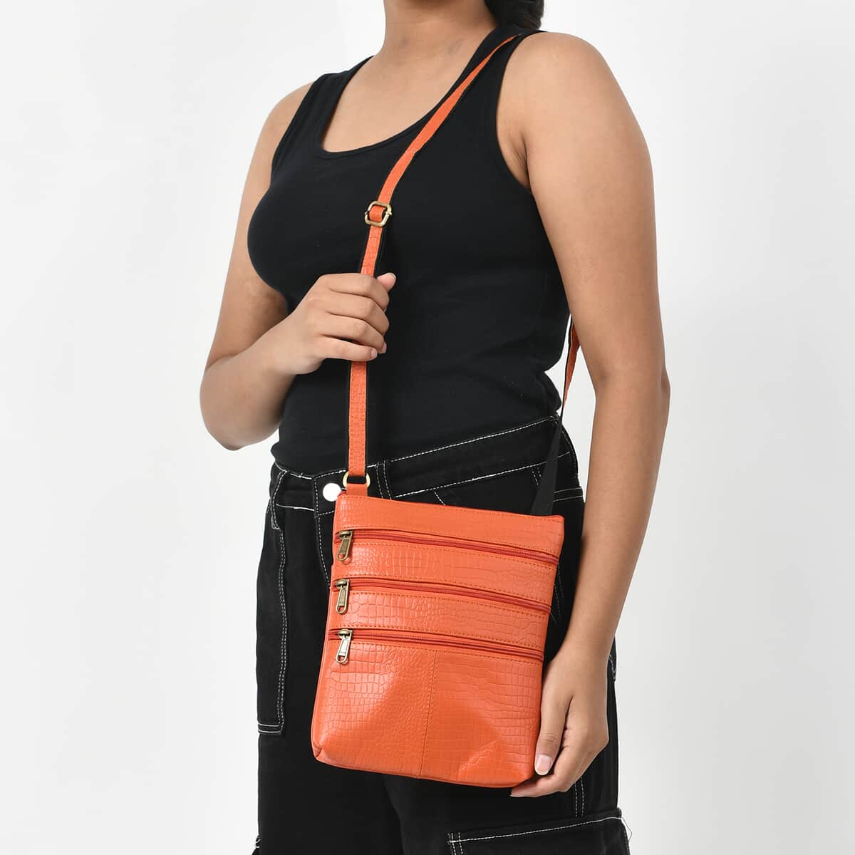 Orange Genuine Leather Croco Embossed Crossbody Bag image number 2